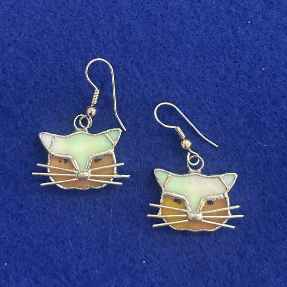 Silver Cat Face Stained Glass Earrings
